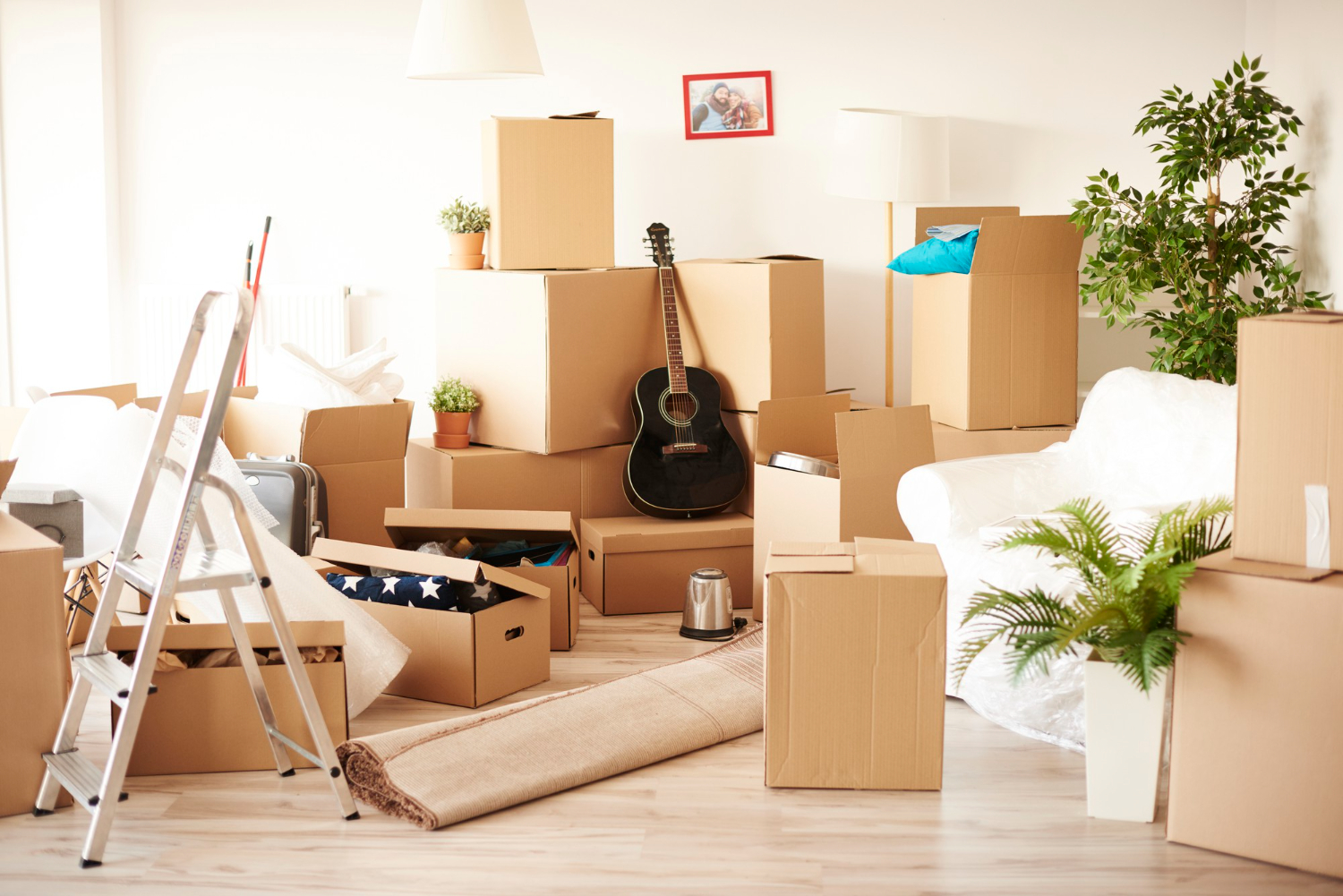 Room full of moving boxes ready for a move-in clean
