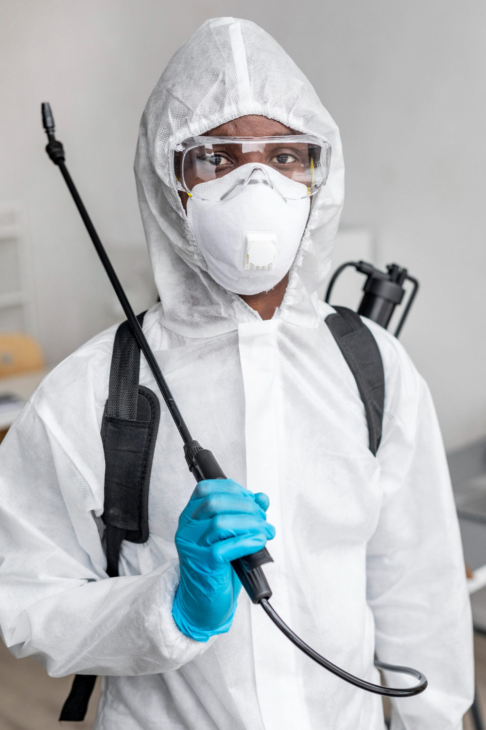 Pest control technician in protective gear with a fumigation sprayer