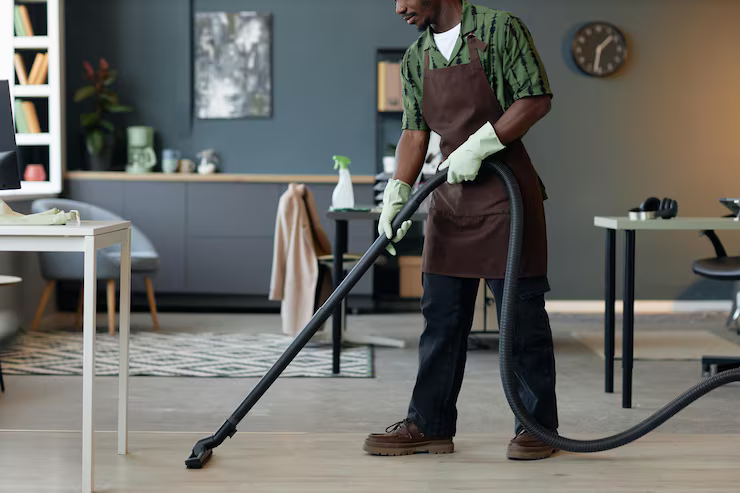 Cleaner vacuuming the floor of a home office